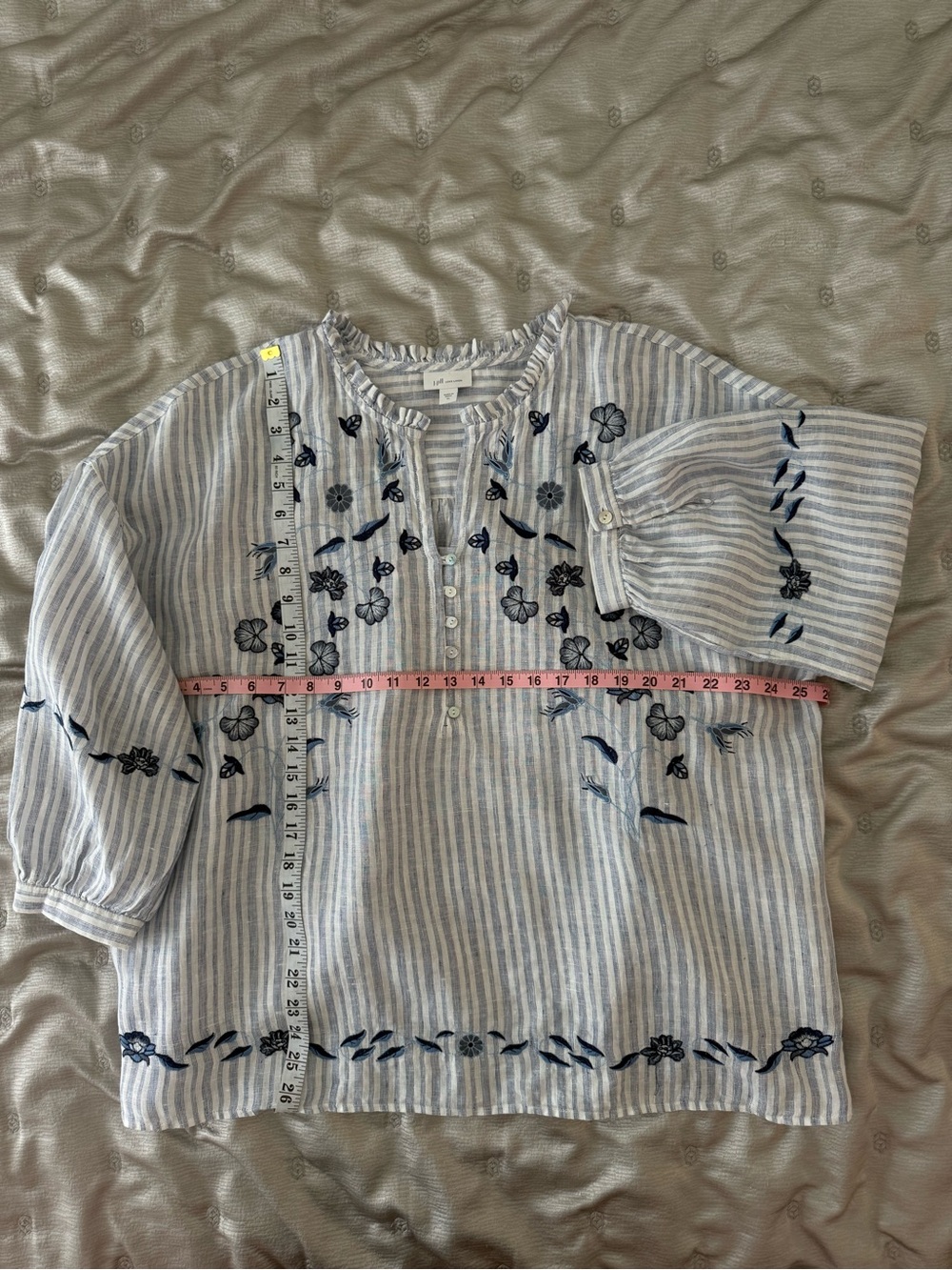 J.Jill Love Linen Blue&White Striped Embroidered Linen Blend Blouse XL - Picture 3 of 6